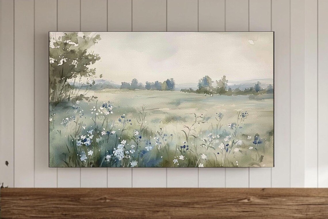 Wildflower Meadow Blue Blooms Country Field Watercolor Poster