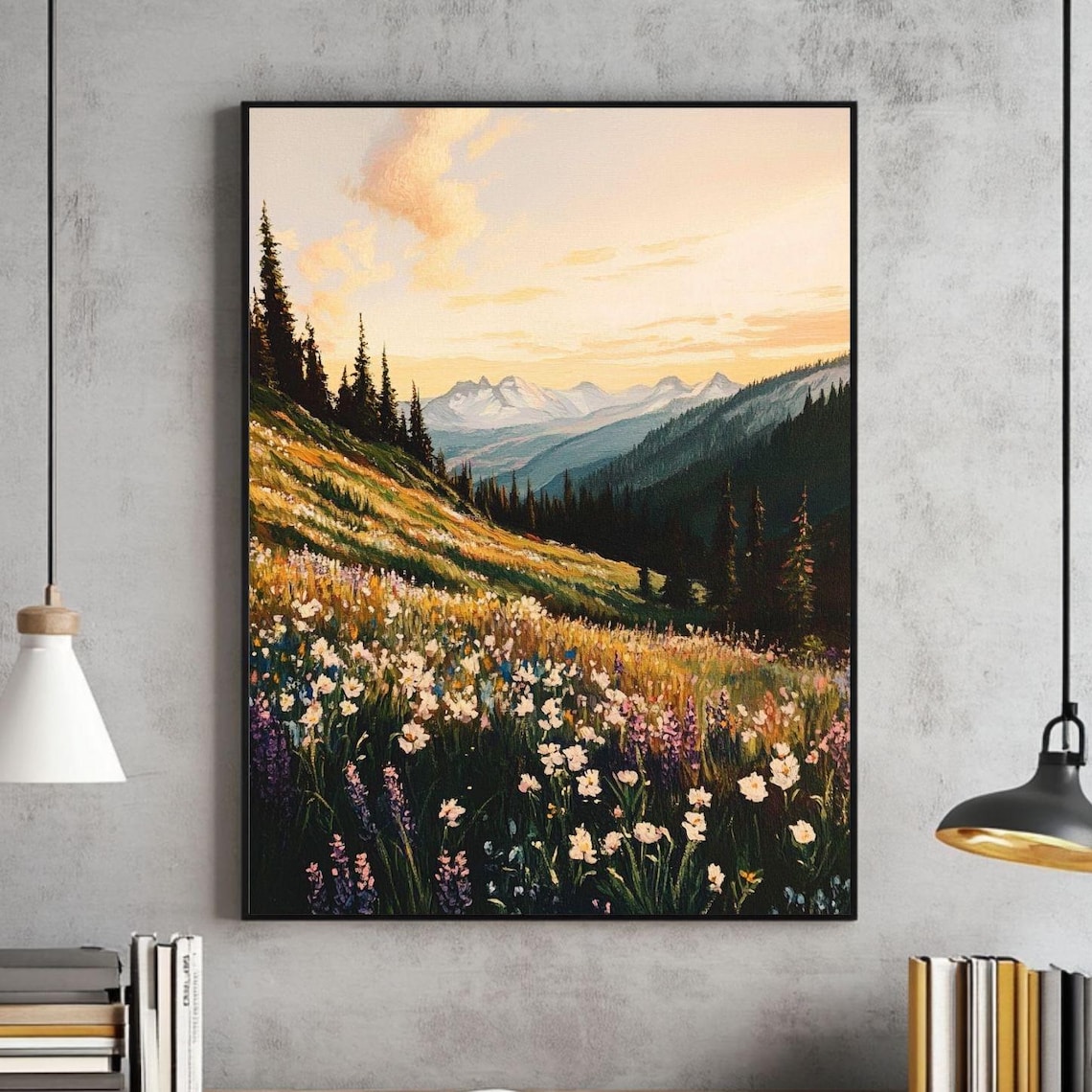 Wildflowers Trendy Nature Forest Mountain Landscape Print