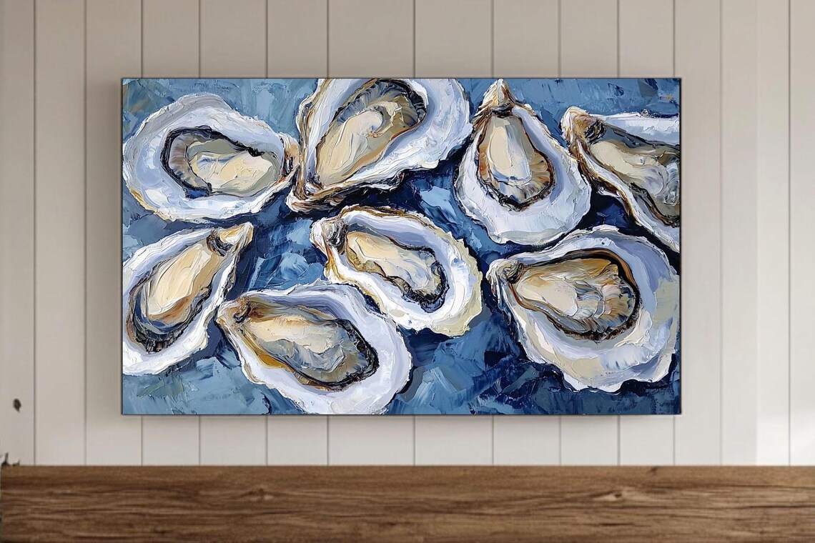 Fresh Oyster Shells on Deep Blue Sea Impasto Painting Poster