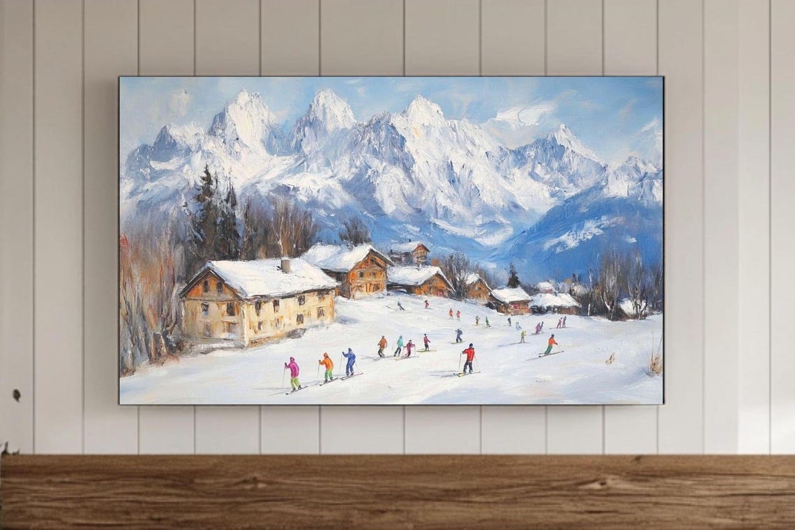 Alpine Village Skiers Beneath Towering Snowy Peaks Winter Poster