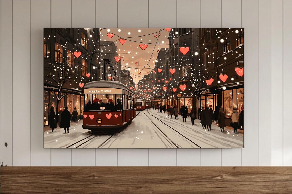 Streetcar on Snowy Street With Hanging Hearts and Lights Poster