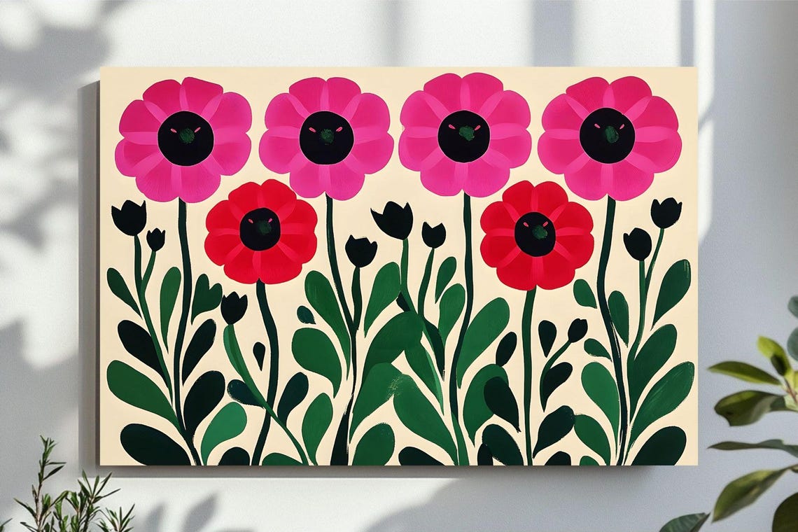 Hot Pink and Red Pop Flowers With Black Buds Modern Art Poster