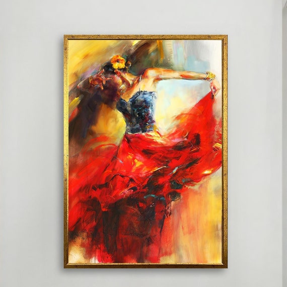 Flamenco Dancer Art Vibrant Spanish Dance Painting Expressive Female In Red Dress Roll On Stretched Or Framed Options Gift Idea