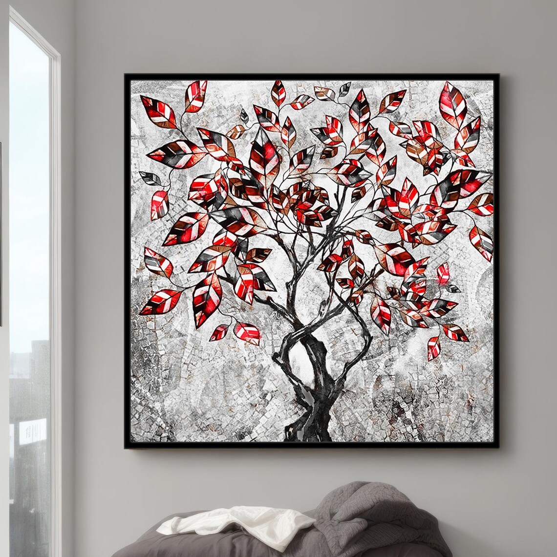 Red Leaves Tree Textured Background Modern Botanical Art Poster