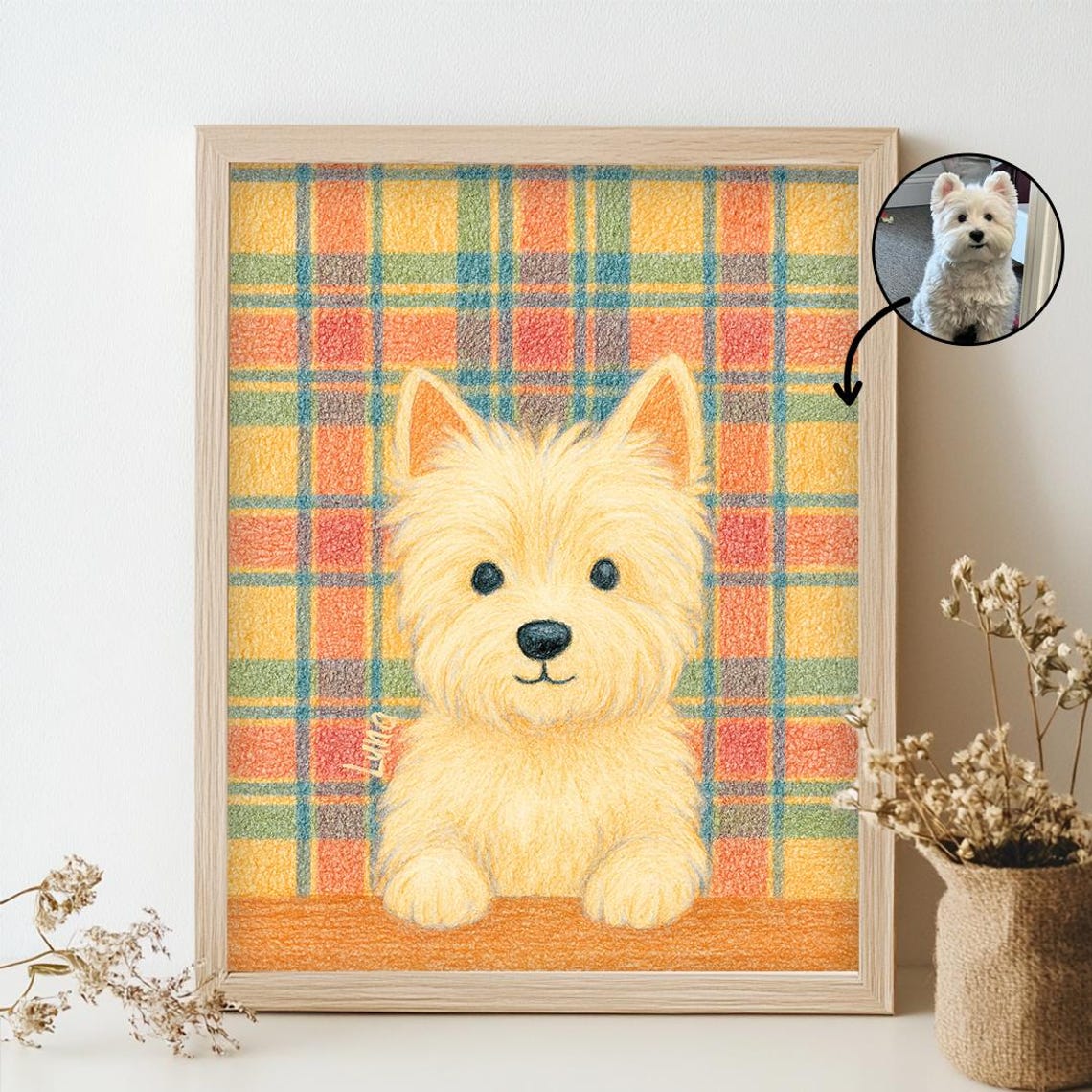 West Highland Terrier Custom Pet Portrait Cute Plaid Puppy Wall Art