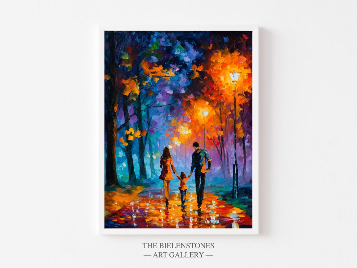 Family Park Evening Walk Child Autumn Night Impressionist Poster