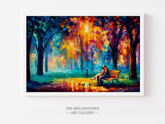 Couple Feeding Birds Print Impressionist Autumn Park Scene