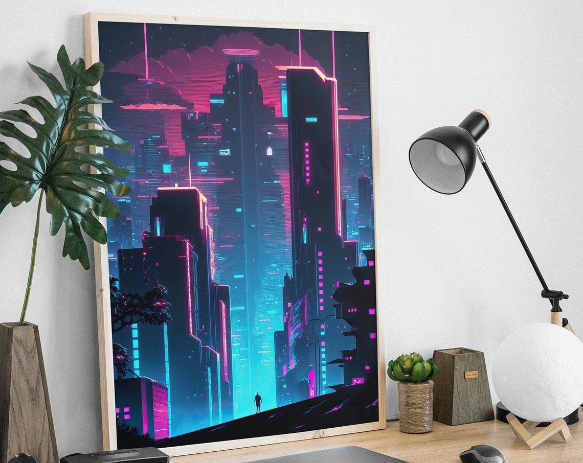 Neon Cyberpunk Cityscape Night Poster Futuristic Anime Sci Fi Decor - Image 2
