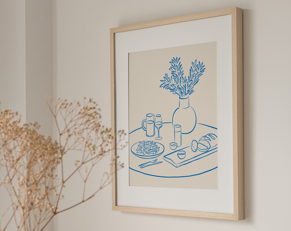 Blue Line Table Setting Sketch Dinner Vase Wine Minimalist Wall Decor Poster - Image 2