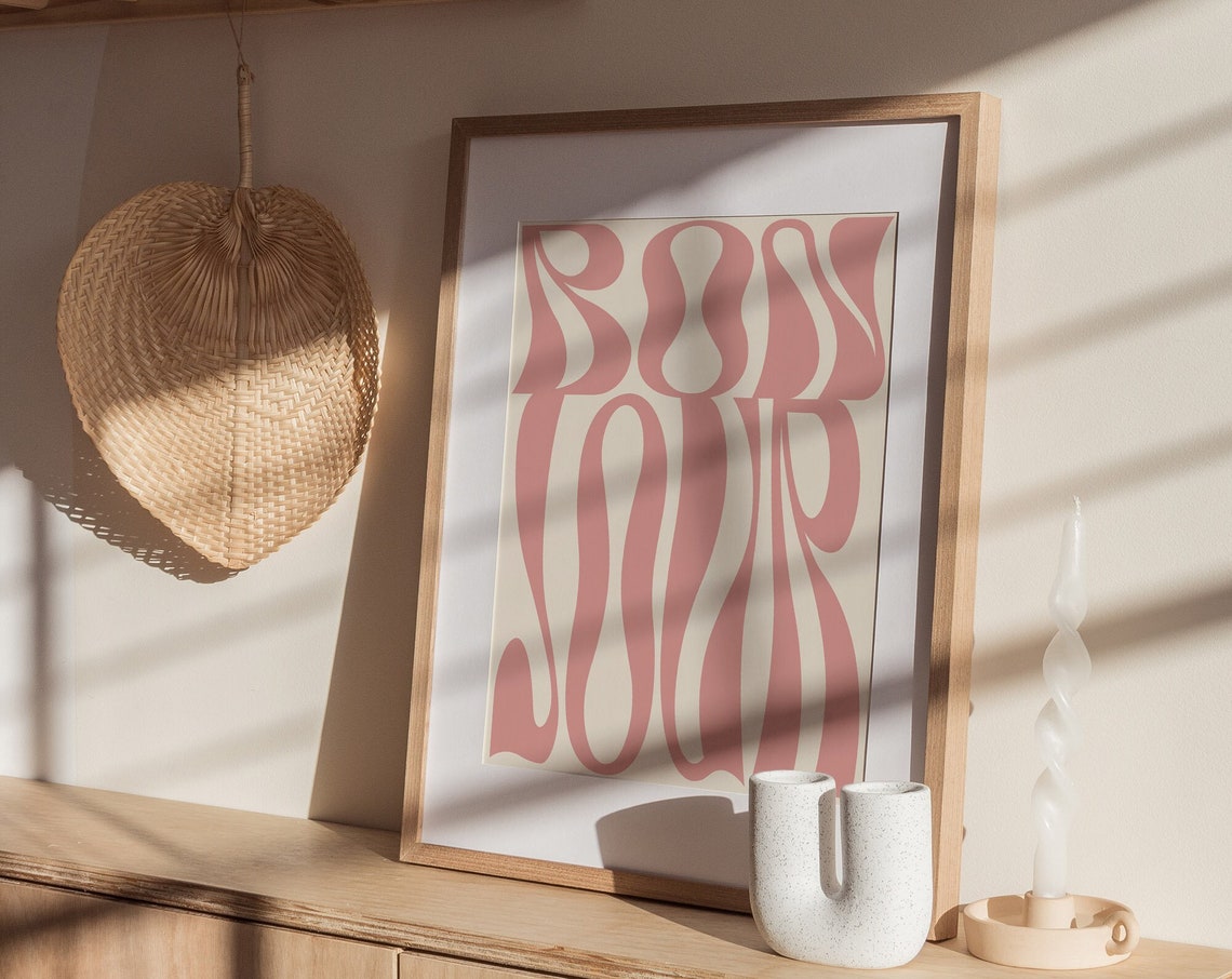 Bonjour Groovy Pink Wavy Typography Trendy Retro French Wall Art - Image 3