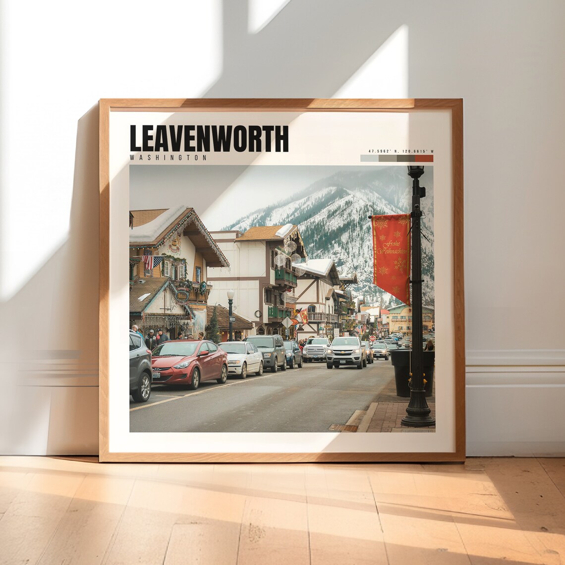 Leavenworth Poster with Bavarian Village Street and Snowy Peaks