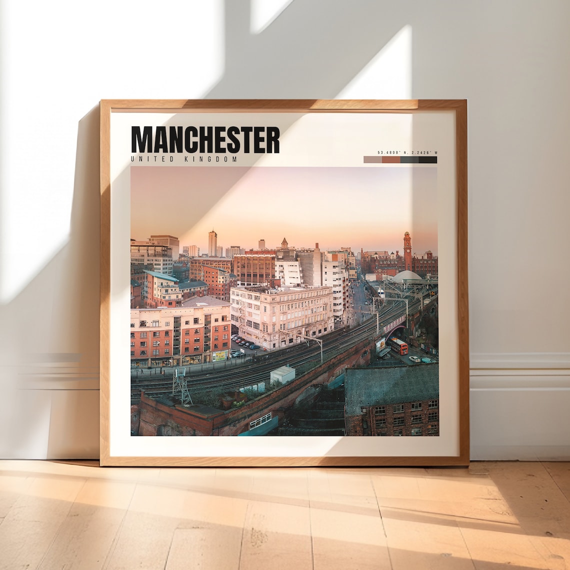 Manchester England Dusk Cityscape with Railway Viaduct Poster