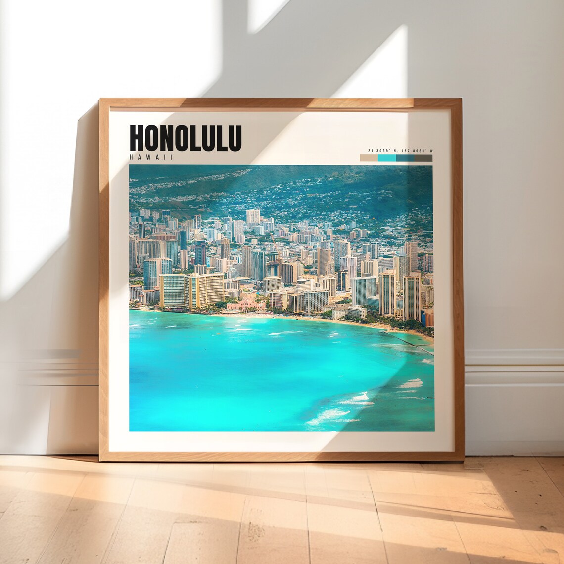 Honolulu Poster with Waikiki Beach and Diamond Head City Skyline
