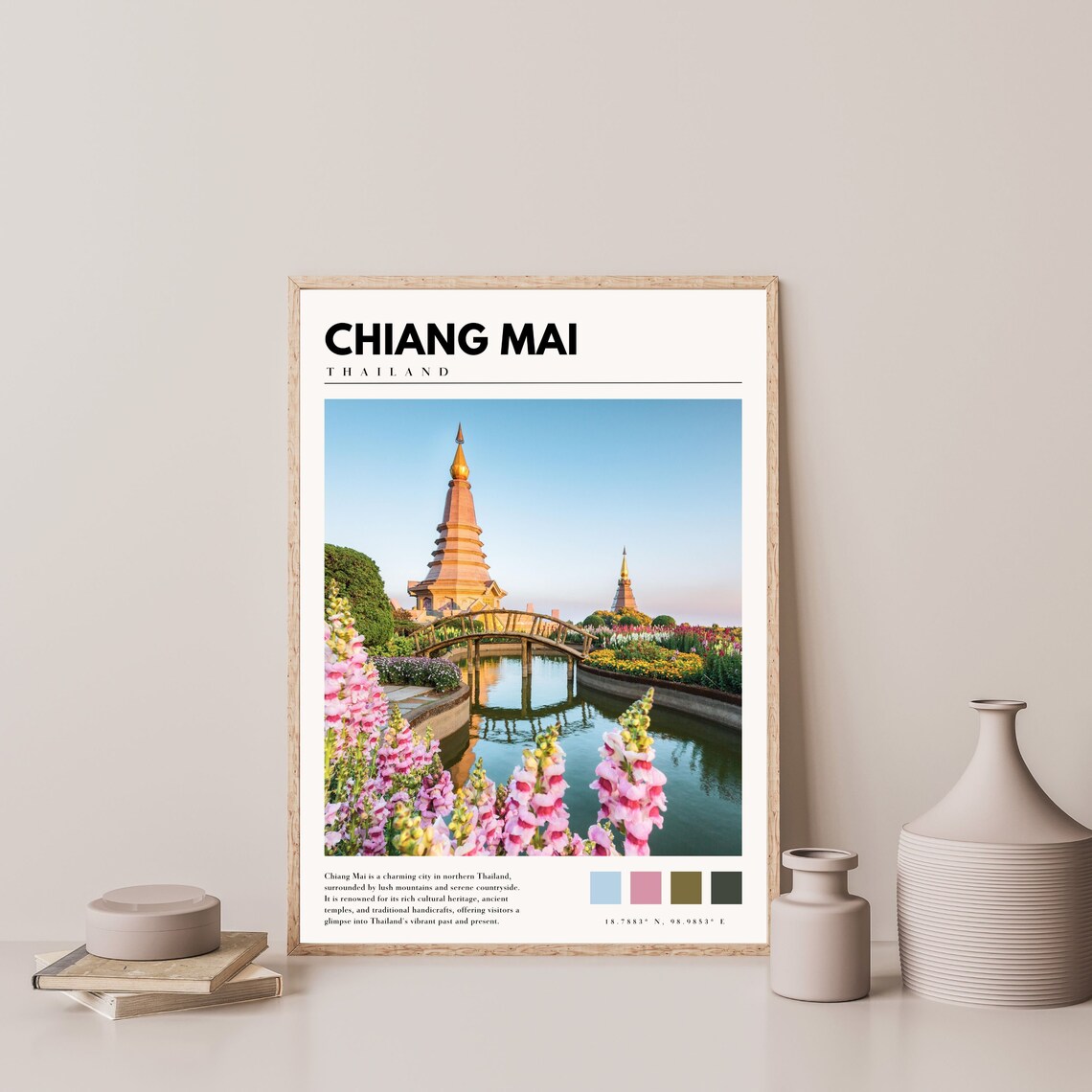 Chiang Mai Thailand Twin Stupa Garden Bridge Flower View Poster - Image 4