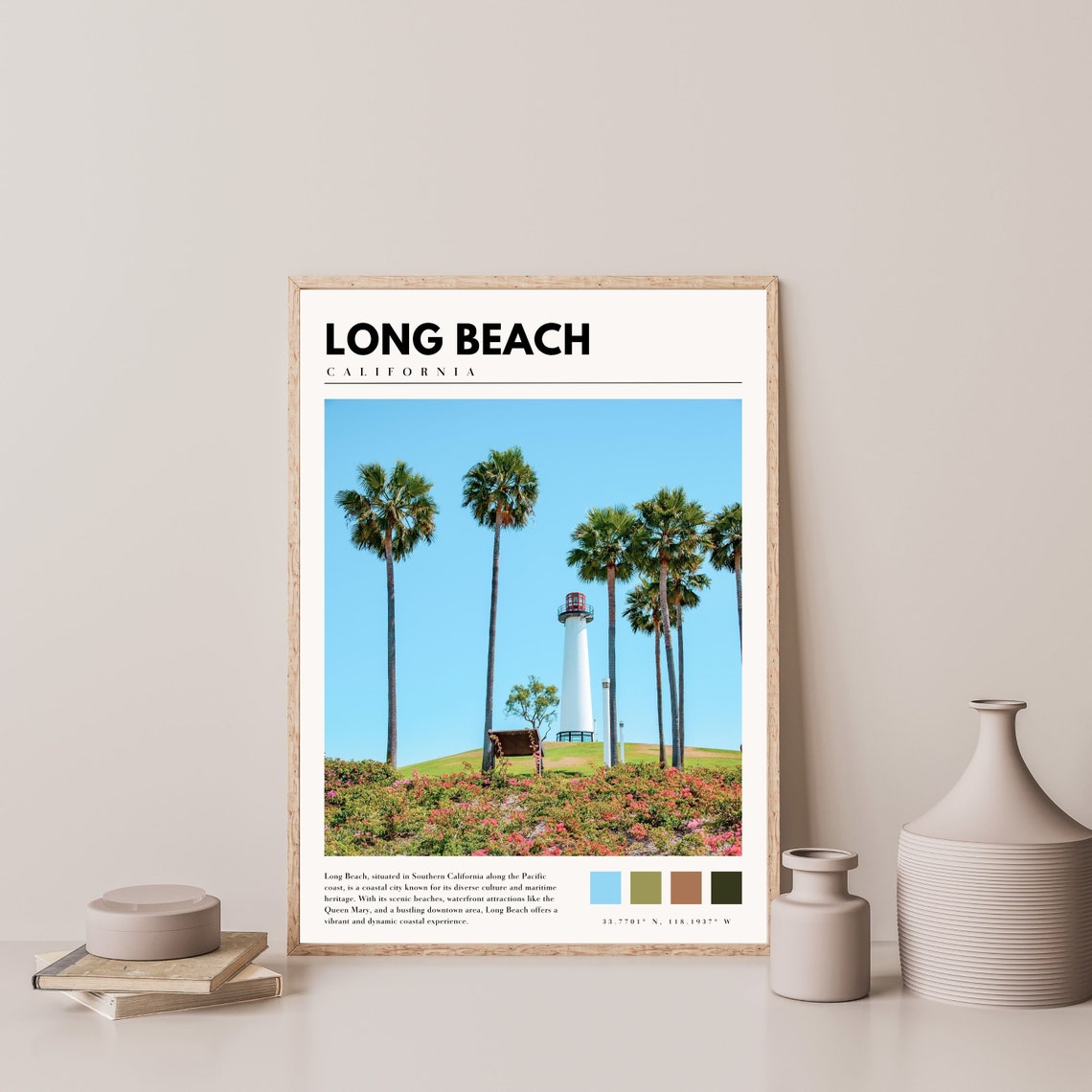 Long Beach California Lighthouse Palm Trees Sunny Coast Travel Poster - Image 4