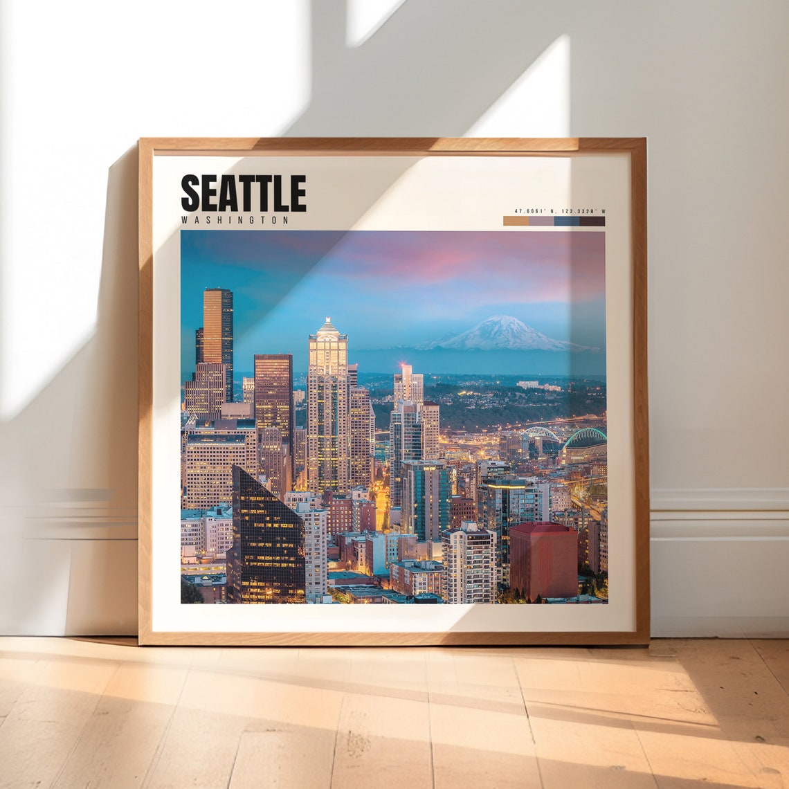Seattle Washington Skyline Mount Rainier Dusk Purple Sky Poster