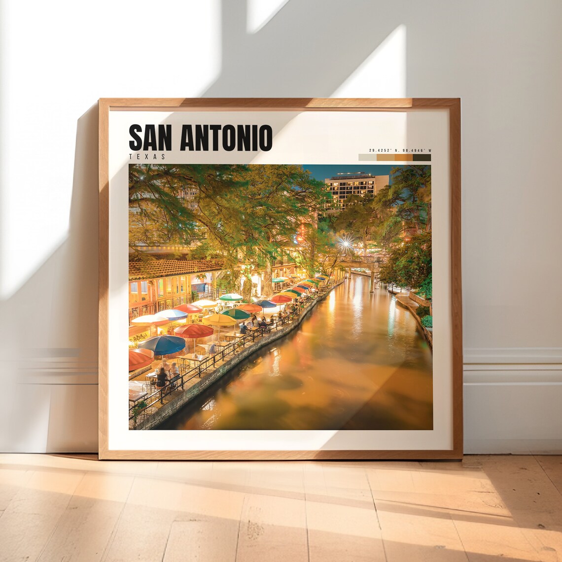 San Antonio River Walk At Night Colorful Umbrellas Texas Travel Poster