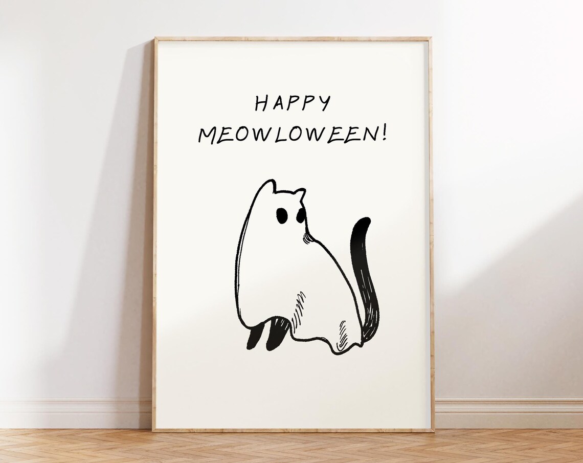 Happy Meowloween Ghost Cat Ink Sketch Cute Minimalist Halloween Poster