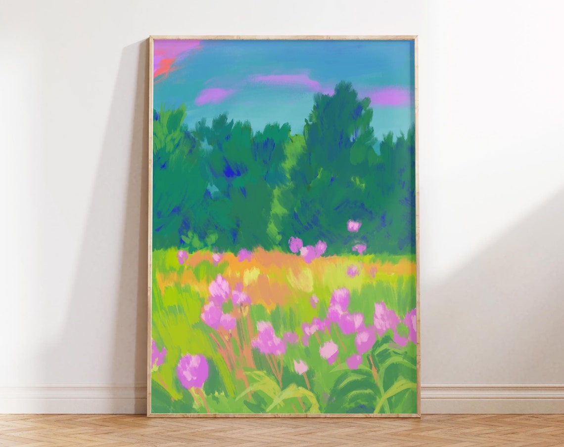Bright Wildflower Meadow Teal Forest Abstract Floral Art Poster