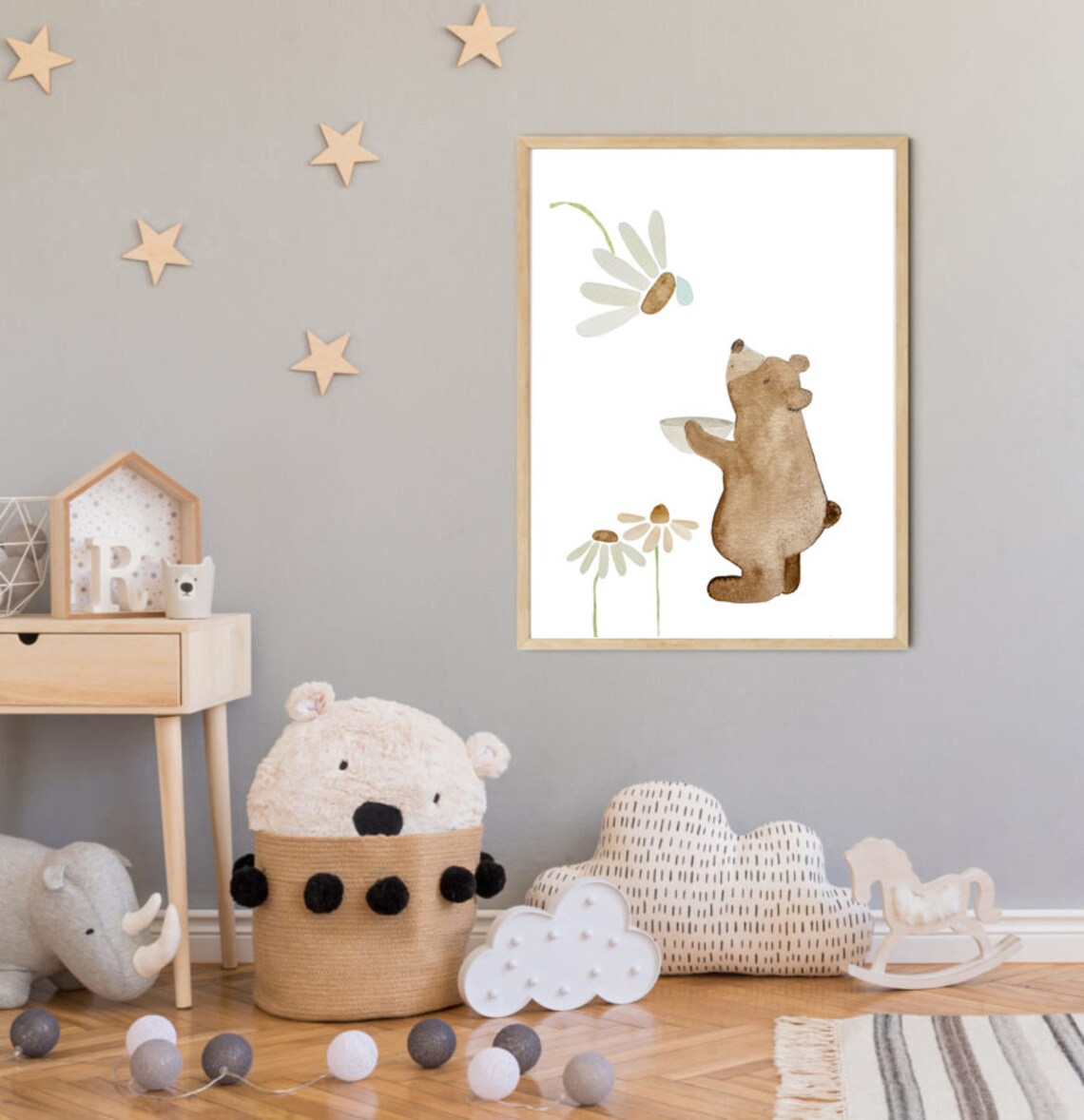 Watercolor Bear Daisies Cute Brown Bear Kids Room Nature Art Poster - Image 2
