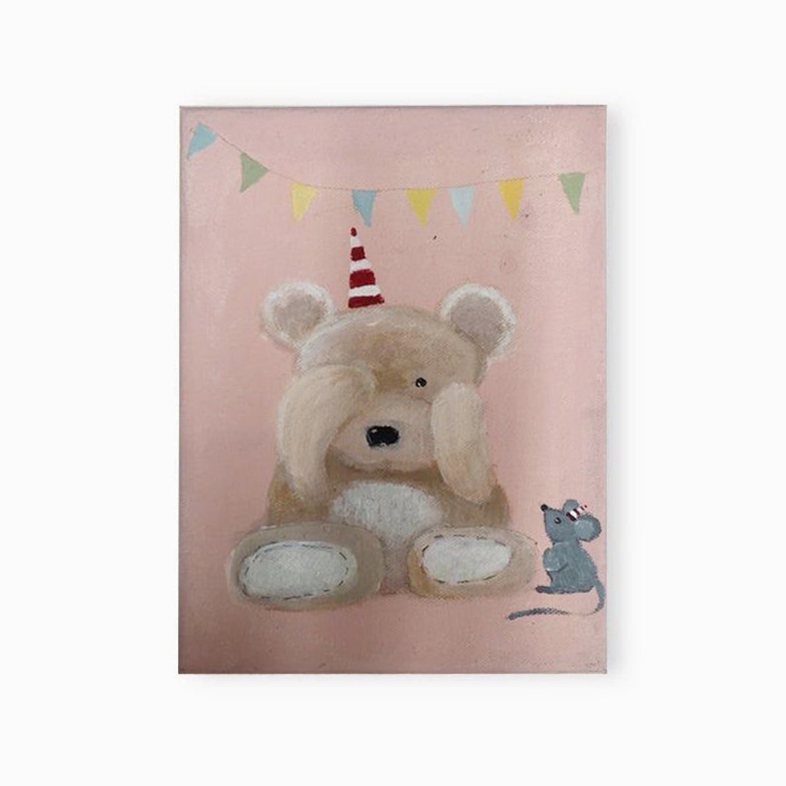 Hand Painted Teddy Bear With Party Hat And Mouse Pink Art Poster