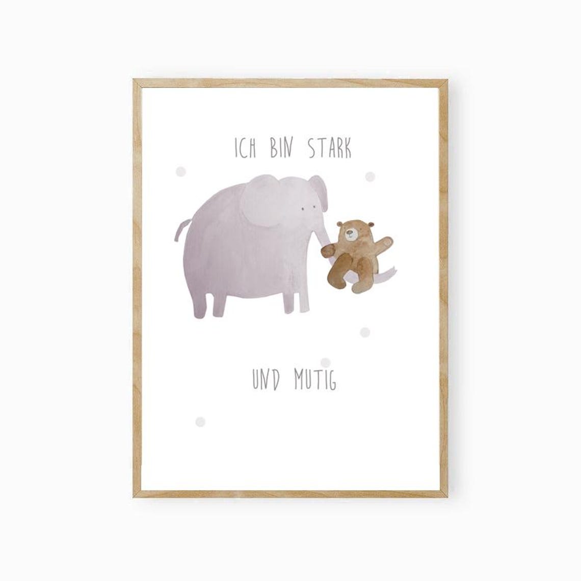 Strong And Brave Elephant Bear German Affirmation Kids Art Poster