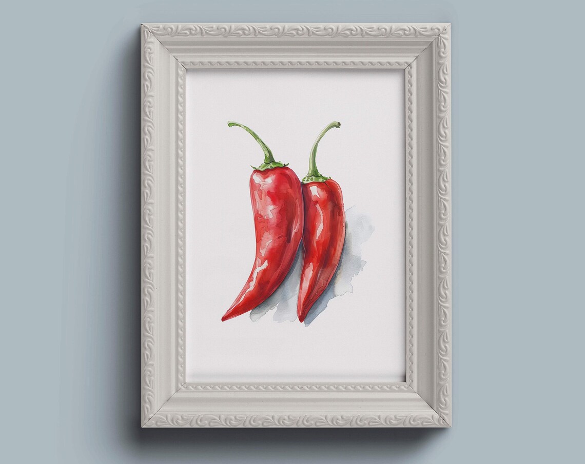 Two Glossy Red Chili Peppers With Green Stems Watercolor Kitchen Art Poster