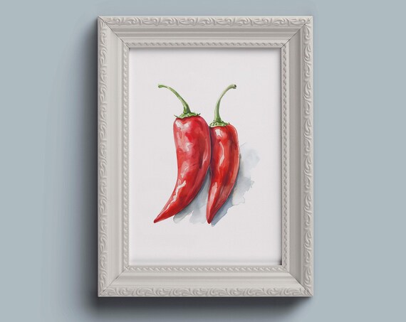 Two Glossy Red Chili Peppers With Green Stems Watercolor Kitchen Art Poster