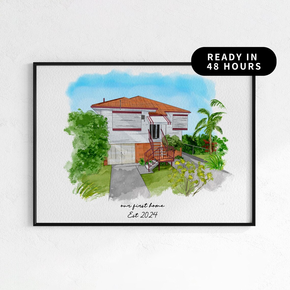 Custom Watercolor House Portrait First Home Gift Est 2024 Poster