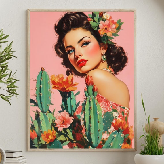 Vintage Mexican Pin Up Art Retro Floral Woman With Cactus Bold Latin Aesthetic Wall Art Colorful Home Decor