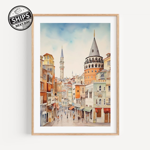 Istanbul Watercolor Travel Poster, City Wall Art
