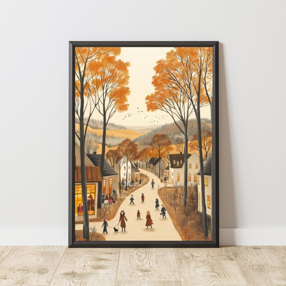 Moody Autumn Village Scene Art Rustic Fall Landscape Oil Painting