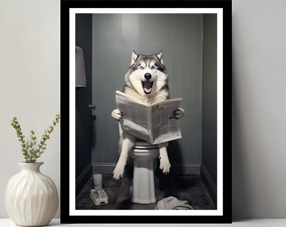 Alaskan Malamute Wall Art Funny Bathroom Decor Dog In Toilet Petshop Gift