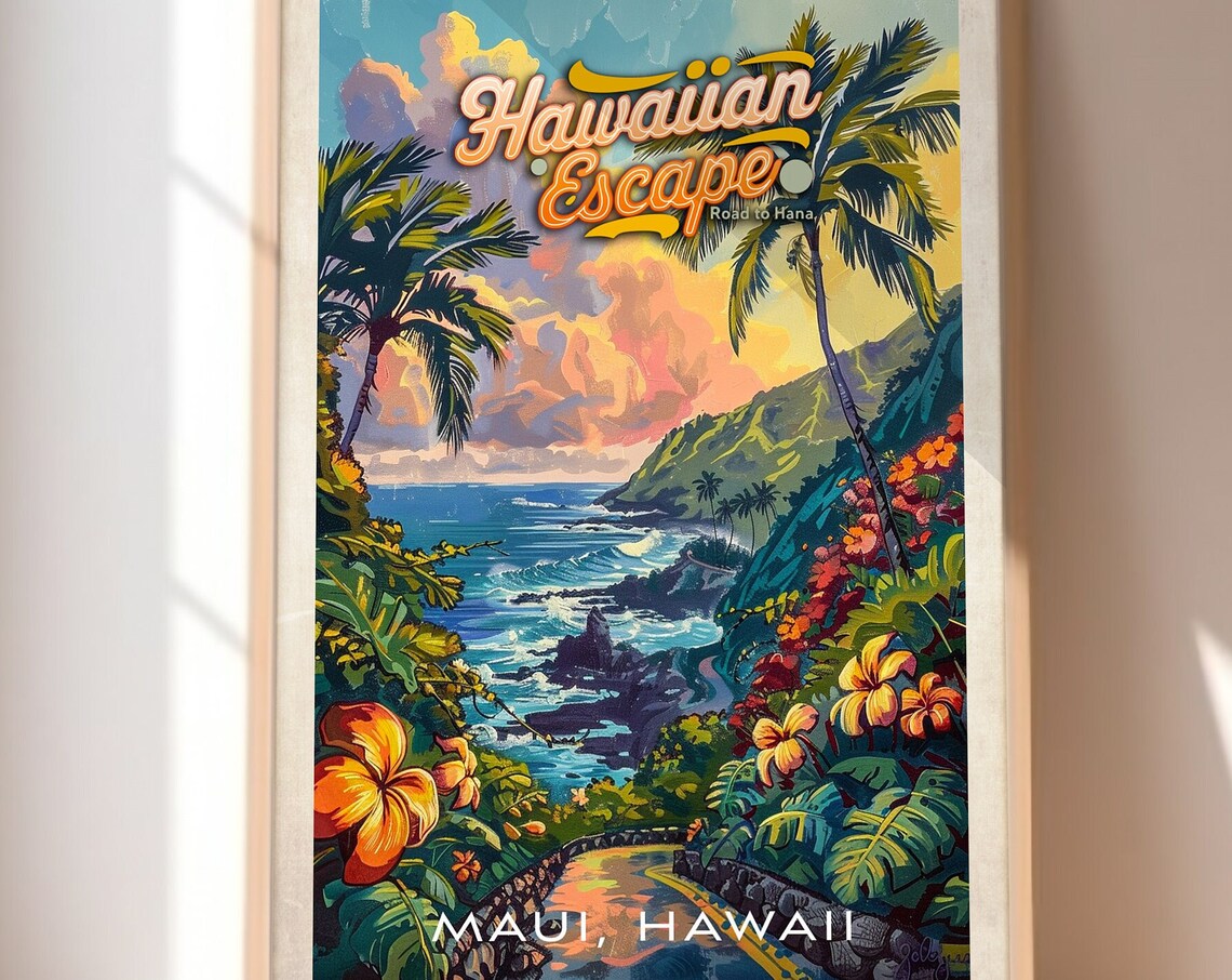 Maui Hawaii Road to Hana Tropical Escape Vintage Travel Poster