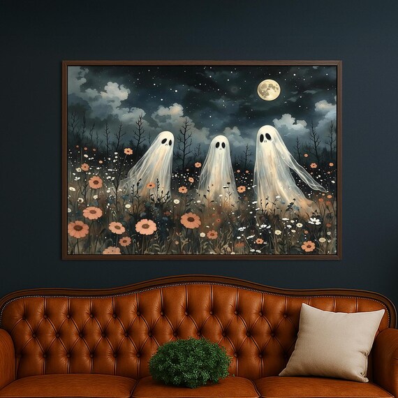Framed Three Ghosts Canvas Wall Art Dark Academia Haunted Floral Field Print