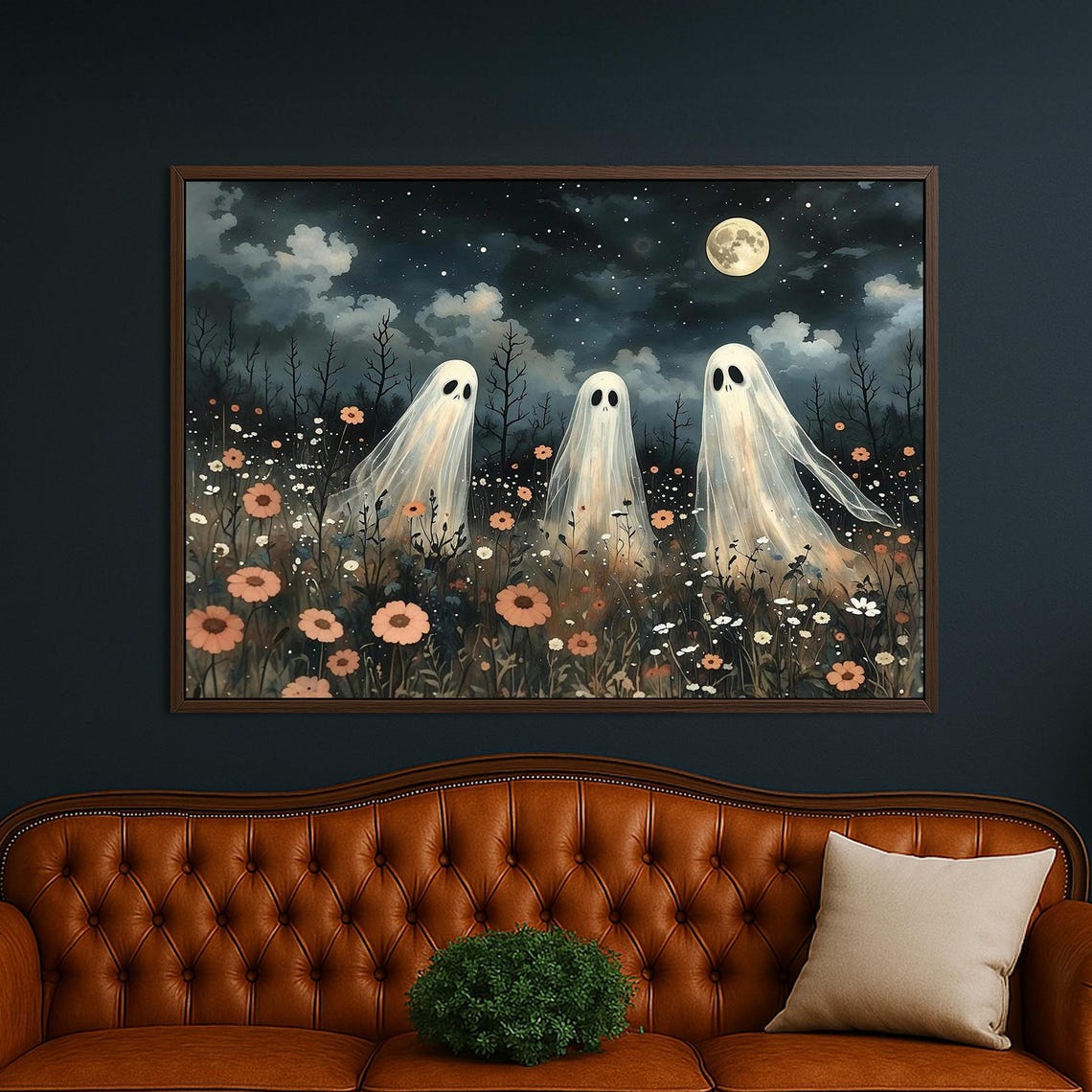 Three Ghosts in Flower Meadow Under Full Moon Whimsical Night Poster