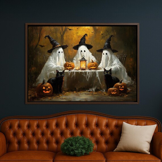 Haunted Ghosts And Black Cats Canvas Wall Art Spooky Halloween Decor