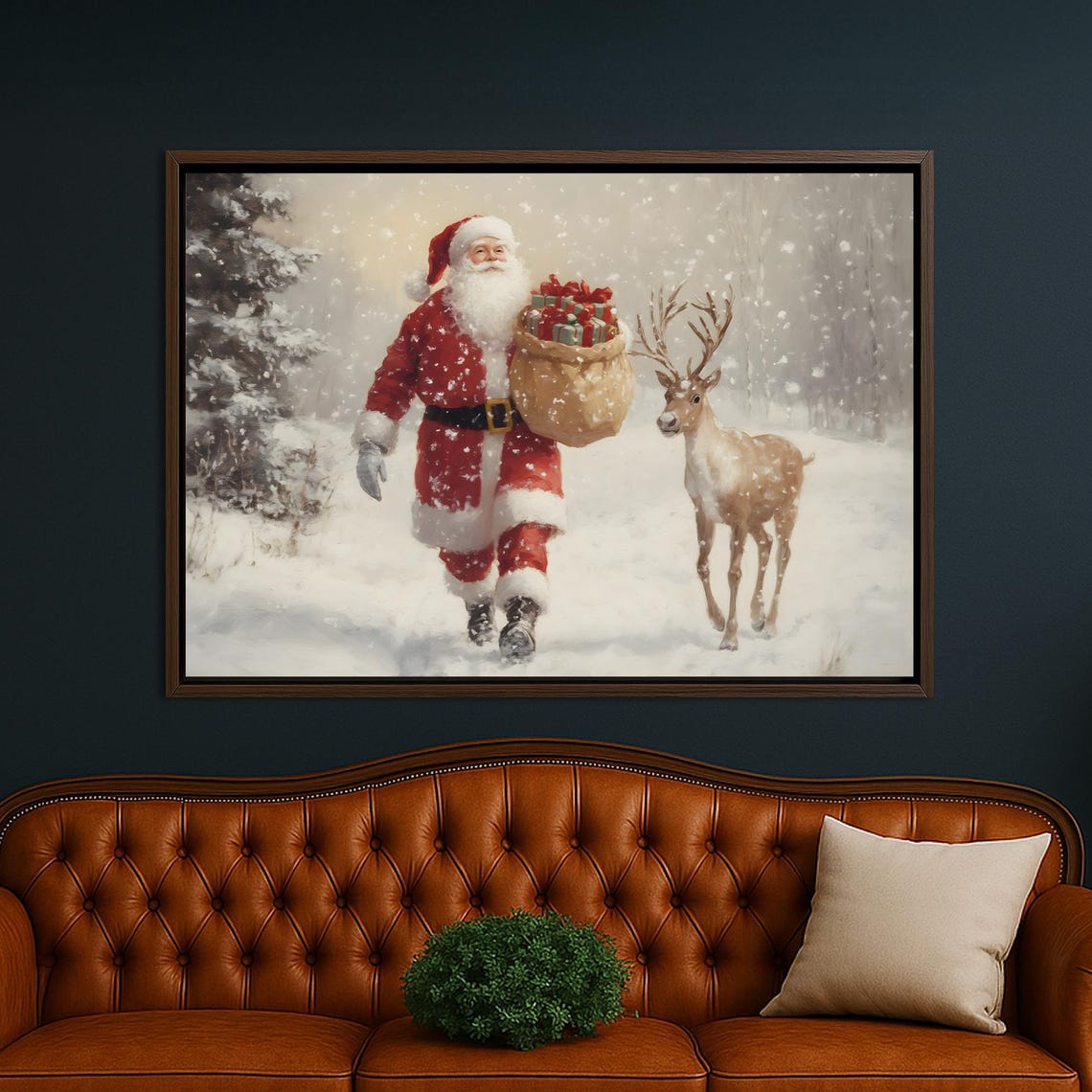 Santa Claus Reindeer Snowy Vintage Christmas Eve Scene Poster