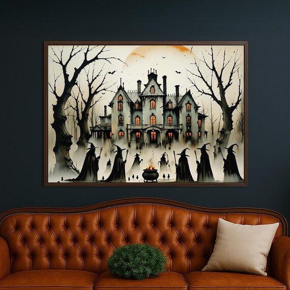 Haunted Castle Canvas Wall Art Spooky Witches And Halloween Fire Decor