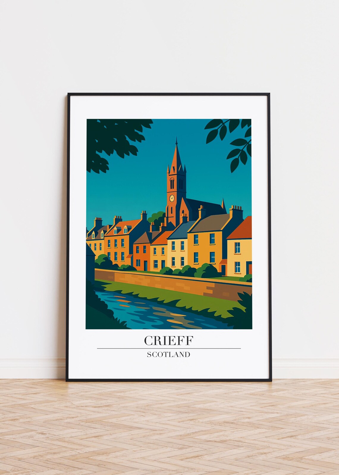 Crieff Scotland Riverside Church Town Retro Travel Art Poster