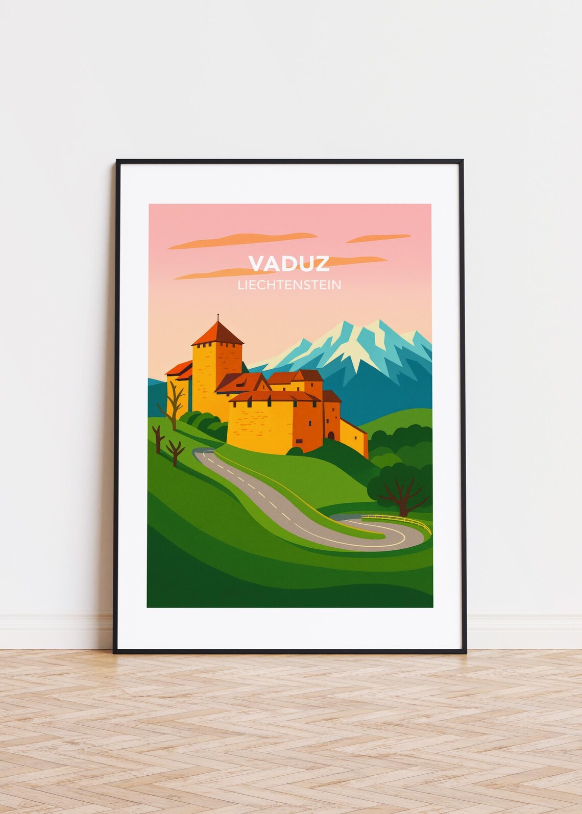 Vaduz Liechtenstein Castle Alpine Snow Peak Vintage Travel Poster