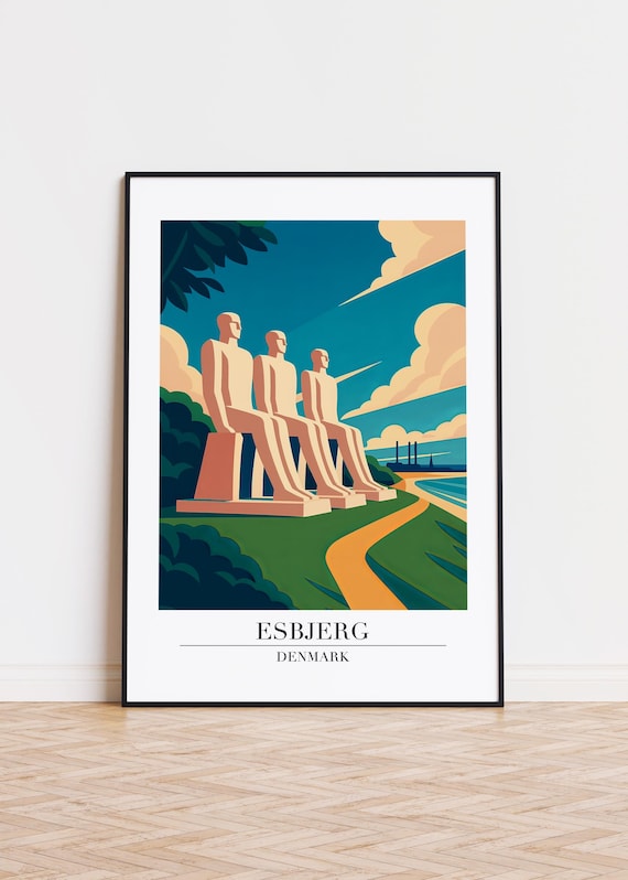 Esbjerg Denmark White Giants Sea Sculpture Modern Travel Poster Art