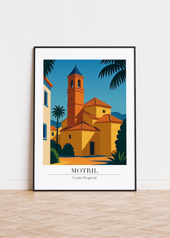 Motril Costa Tropical Church Bell Tower Sunny Retro Travel Poster
