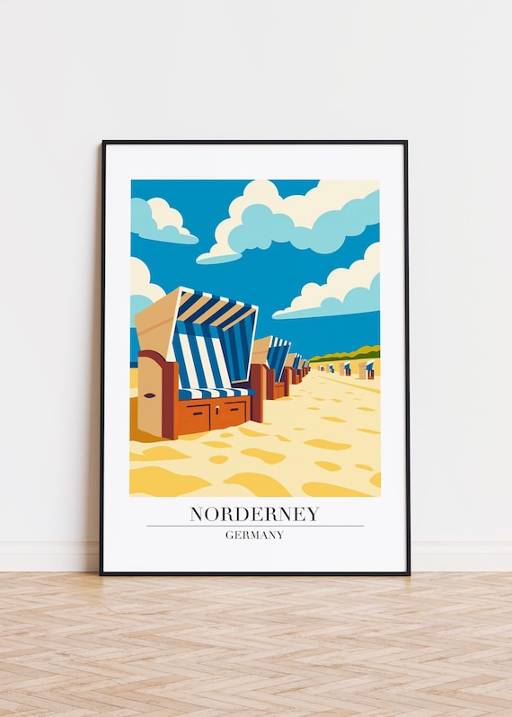 Norderney Germany Travel Poster Beach Chairs Retro Illustration