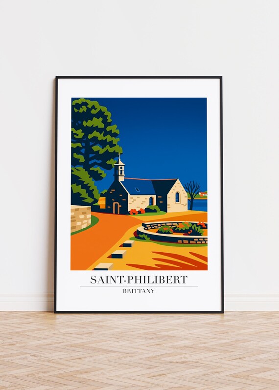 Saint Philibert Brittany Chapel Sunset Orange Retro Travel Poster