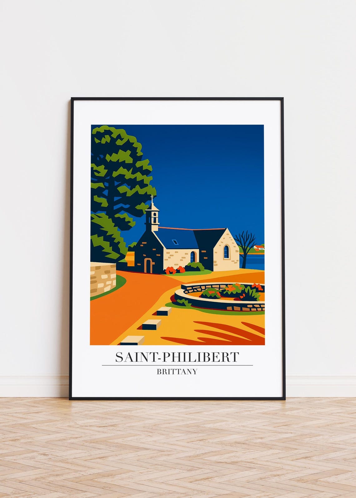 Saint Philibert Brittany Chapel Sunset Orange Retro Travel Poster