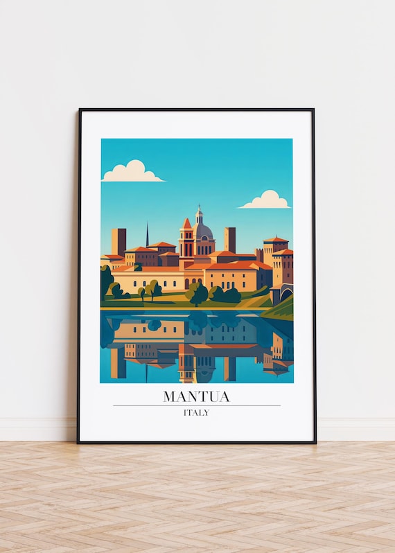 Mantua Italy Skyline Reflection Travel Poster Cathedral Dome City Art