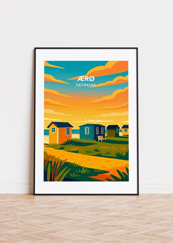 Aero Denmark Colorful Beach Huts Dunes Coastal Travel Art Poster