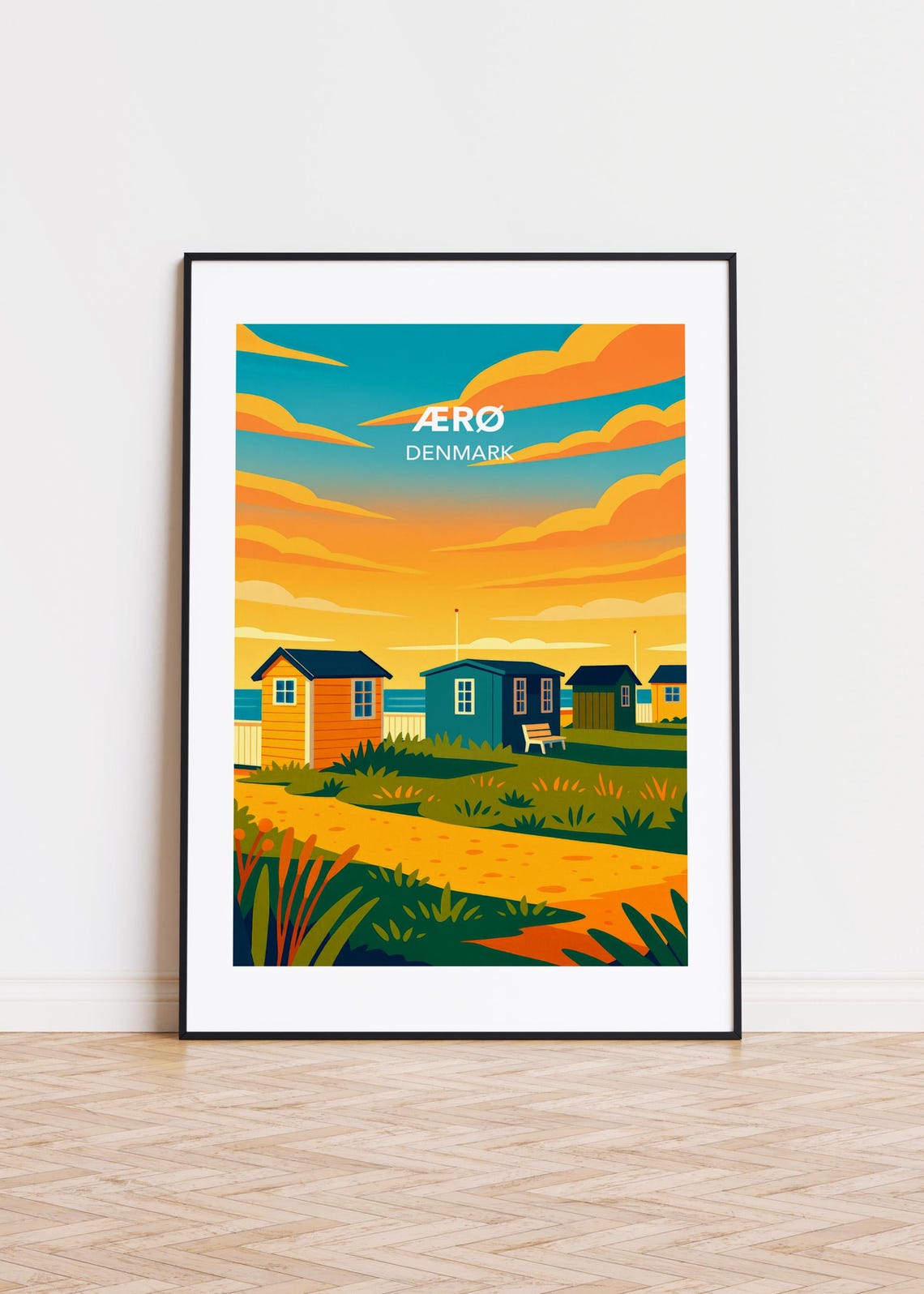 Aero Denmark Colorful Beach Huts Dunes Coastal Travel Art Poster