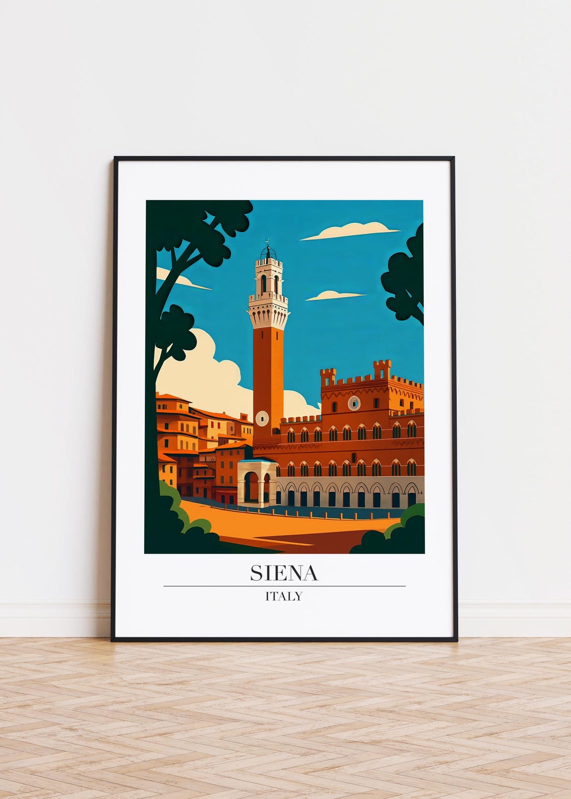 Siena Italy Historic Tower Town Square Illustration Travel Poster